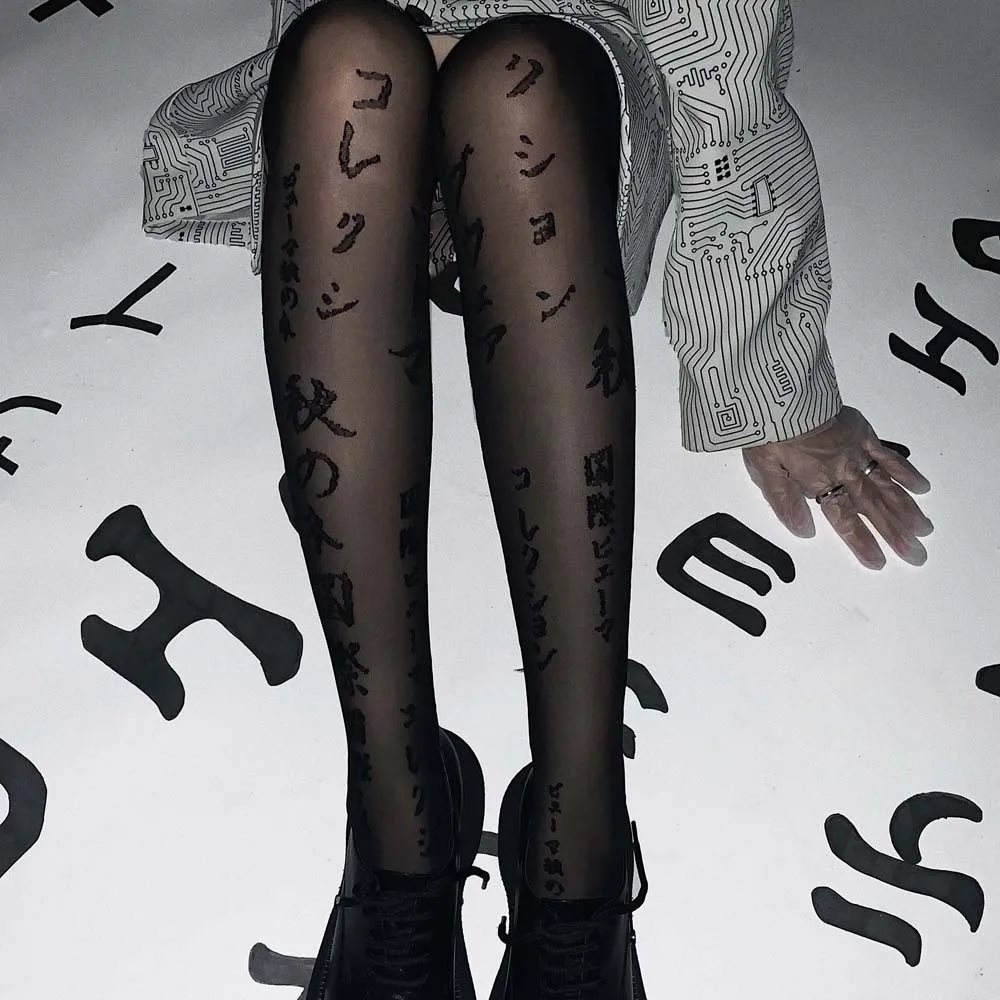

Fashion Gothic Japanese Letter Printed Stockings Sexy Elastic Knee High Socks Women Thin Transparent Hosiery Harajuku Socks