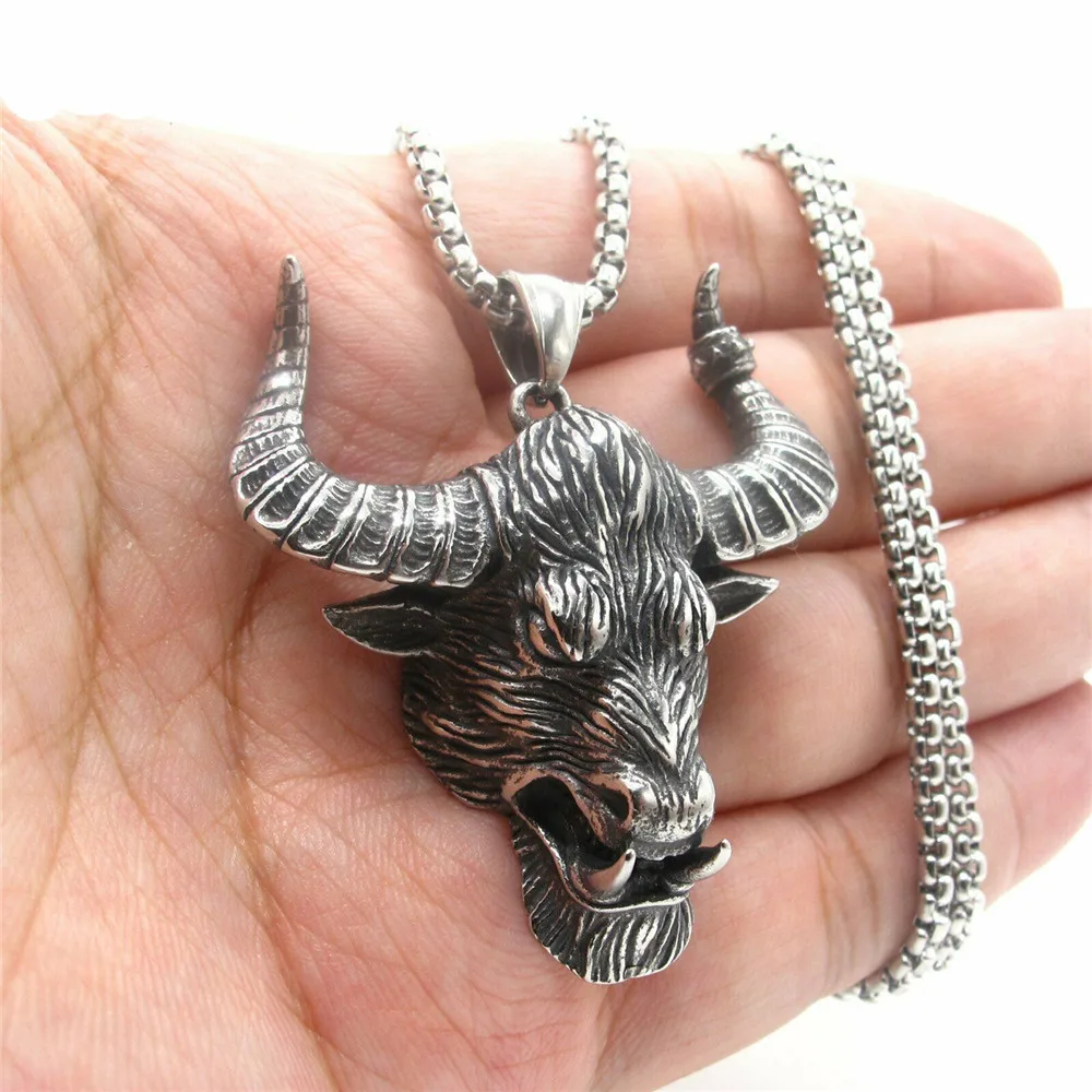 

Mens Punk Large Heavy Bull Head Pendant Necklace Ox Stainless Steel Chain