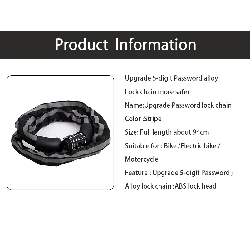 

WEST BIKING Reflective Bike Chain Lock Upgrade 5-Digit Password Bike Lock Motorcycle Cycling Security Anti-Theft Bicycle Lock