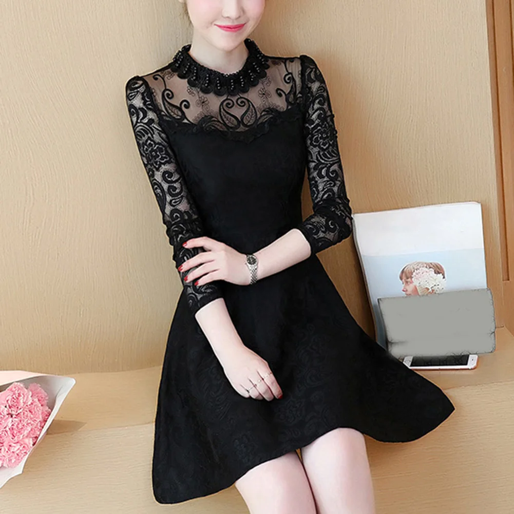 Женское кружевное платье с длинным рукавом элегантное приталенное вечернее в