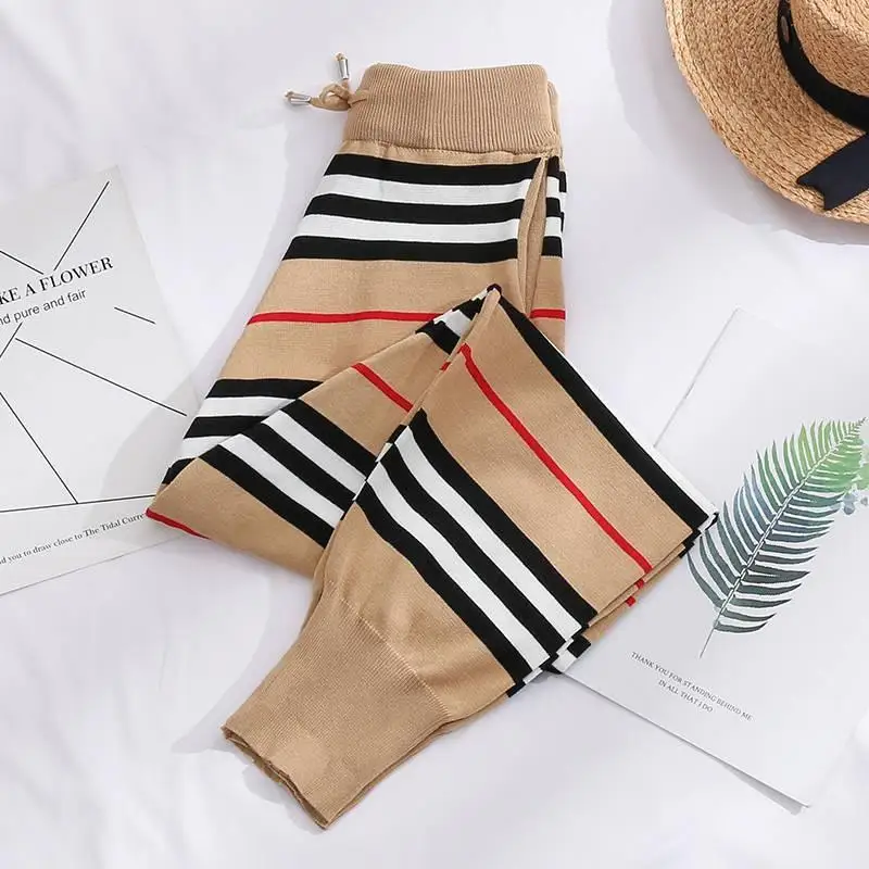 

Britse Stijl Kaki Harembroek Vrouwen Koreaanse Stijl Gestreepte Gebreide Casual Hoge Taille Capri-Broek Beam Voeten Losse Sport