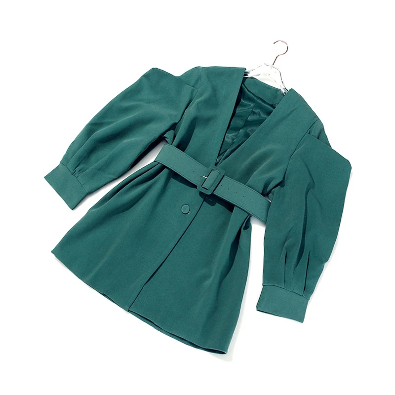 

YNZZU Vintage V Neck Lantern Sleeve Female Jacket 2020 Spring Autumn Solid Elegant Office Lady Slim Workwear With Belt A1310