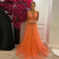 sevintage orange beach tiered tulle long prom dresses deep v neck straps backless evening gowns plus size fromal women dress