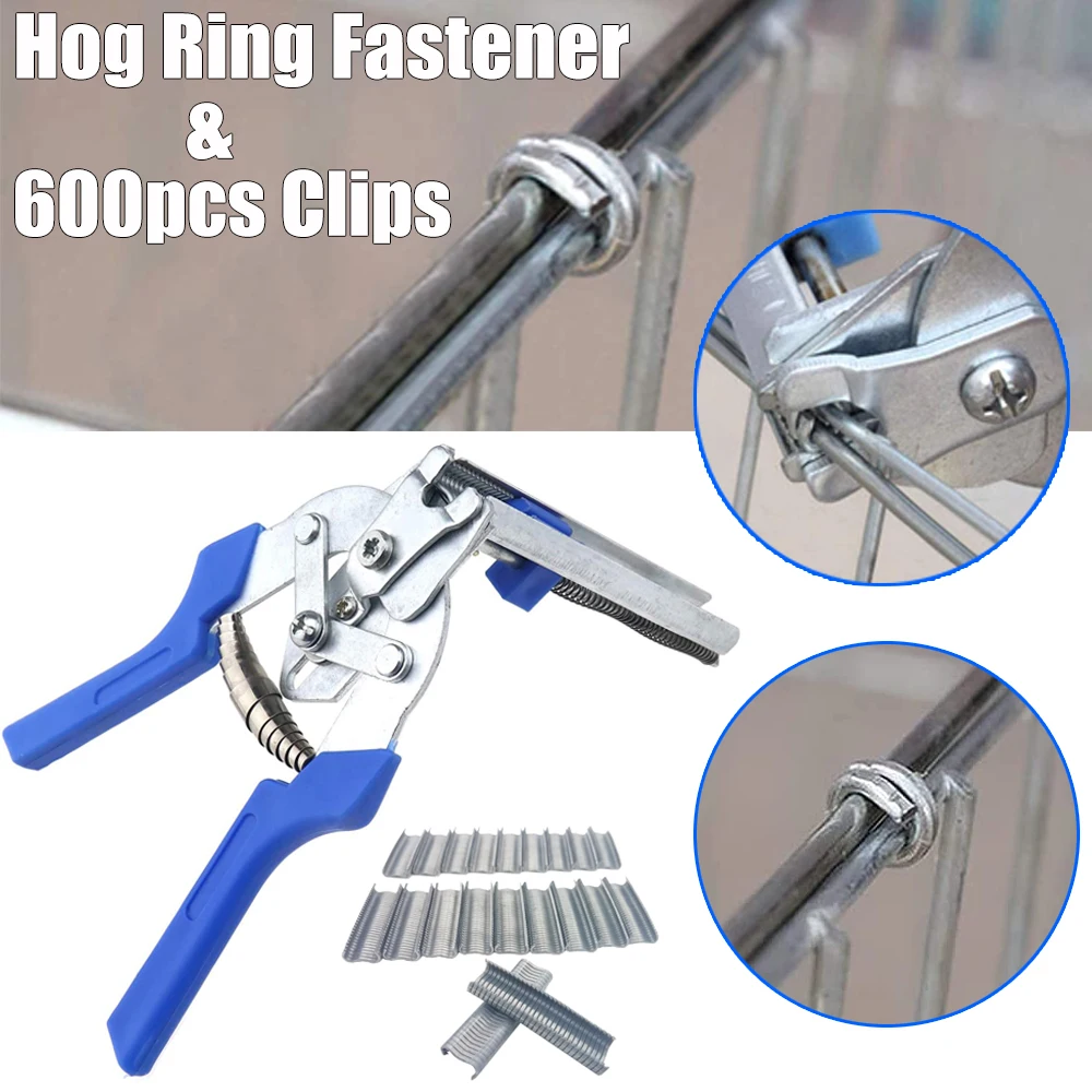 Hog Ring Plier Tool and 600pcs M Clips Staples Dropship Chicken Mesh Cage Wire Fencing Caged Clamp Poultry Supplies Mesh Clip