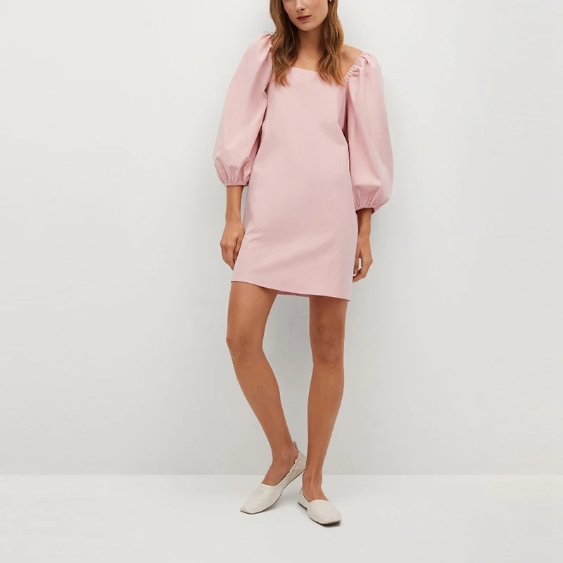 

Women Sweet Puff Sleeve Mini Dress Cotton Square Collar Casual Summer Straight Street Style Dress