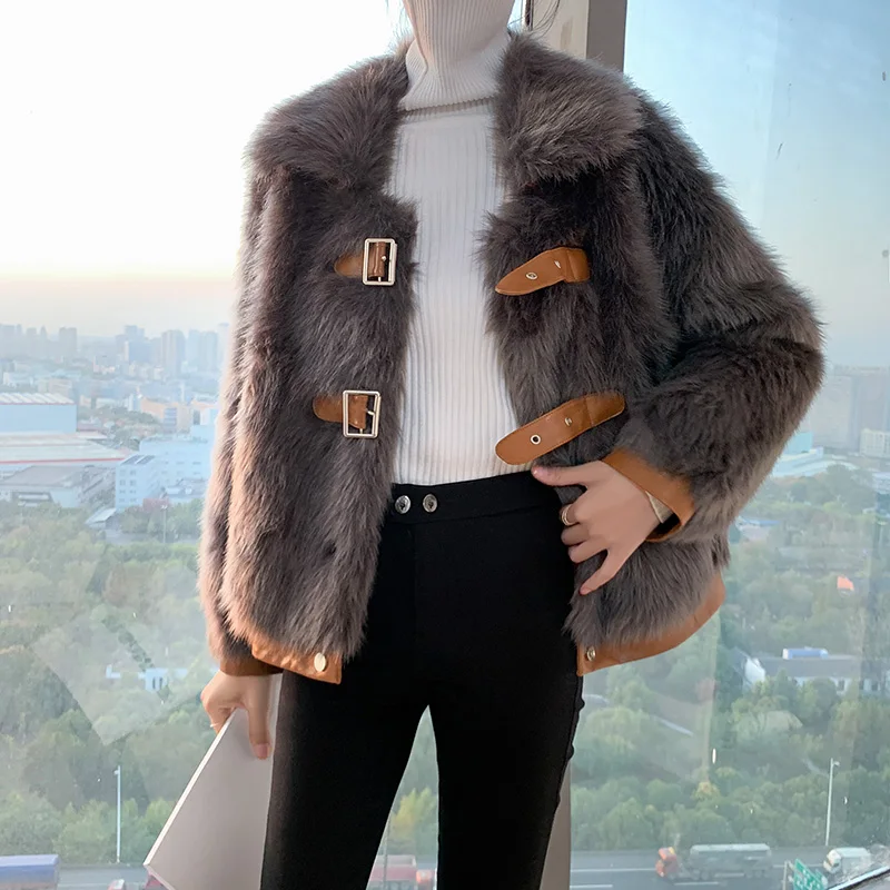 Женское короткое зимнее меховое пальто из лисьего меха пушистая тонкая модная