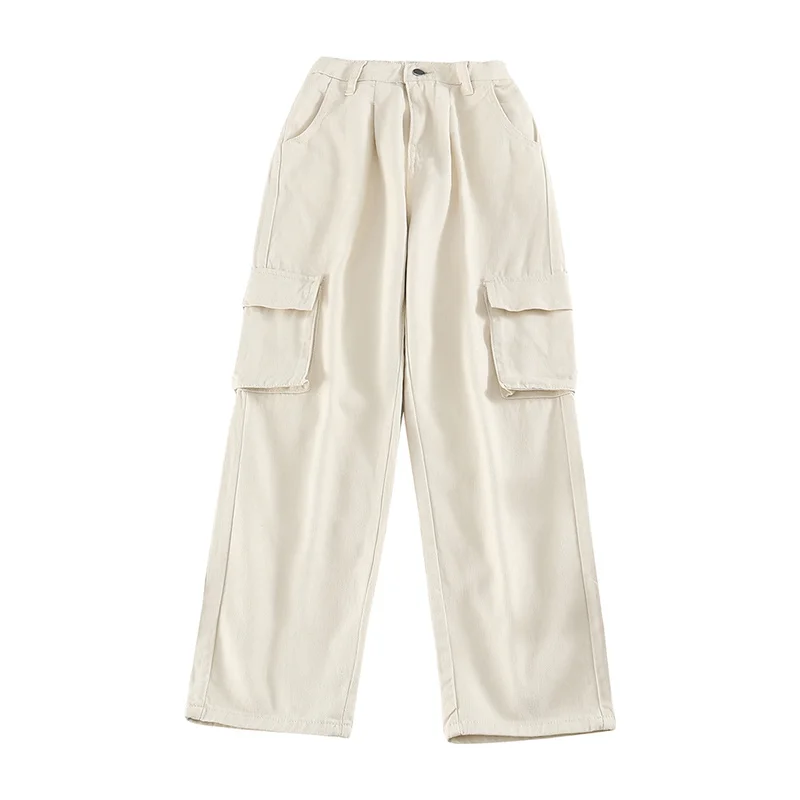 

Kimutomo Casual Jeans Women 2021 Spring New Fashion Female Solid Pockets High Waist All-matching Cargo Pants Outwear Chic