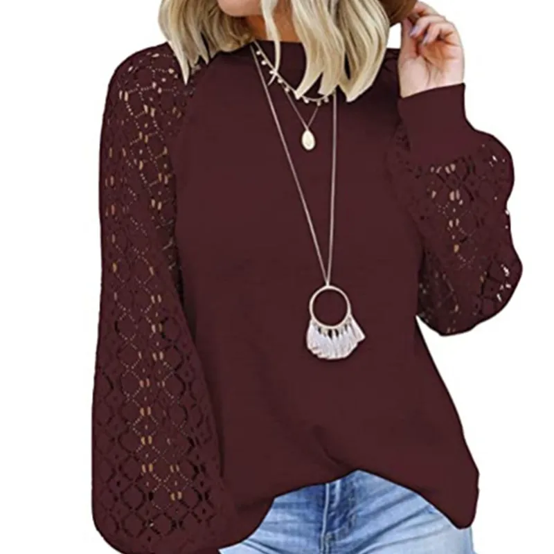 

OLOMLB 2021 Spring Autumn New Fashion Loose Solid Casual O Neck Lady Long Sleeve Tops Temperament Hollow Out Lace Basic Women's