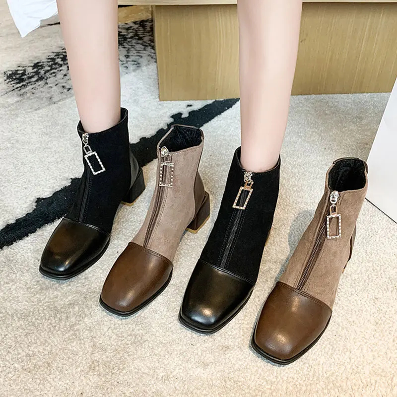 

Женские сапоги до середины икры, зимняя обувь, Роскошные Дизайнерские Сапоги на молнии с круглым носком, женские низкие сапоги 2021, модная Ос...