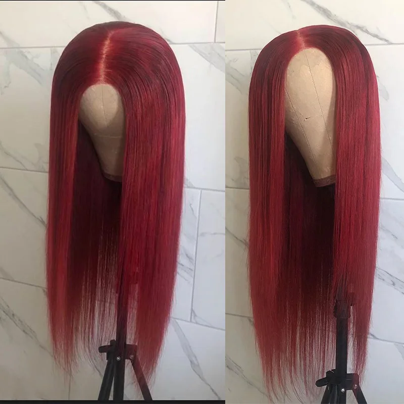 Pinshair Straight Lace Front Human Hair Wig For Women Long Color 99J Burgundy Brazilian Bone Wigs | Шиньоны и парики