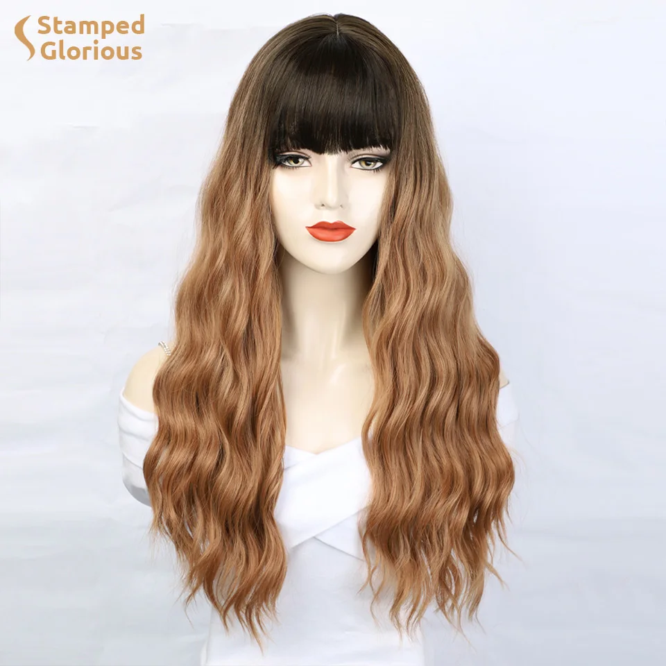 

Синтетические длинные волнистые коричневые парики с эффектом деграде с челкой, натуральные волосы для женщин, повседневный термостойкий п...