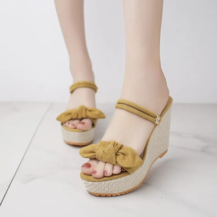 

Slippers Women Summer High-Heeled Shoes Lady On A Wedge Platform Pantofle Slides Butterfly-Knot 2021 Basic Pumps Scandals PU Cot