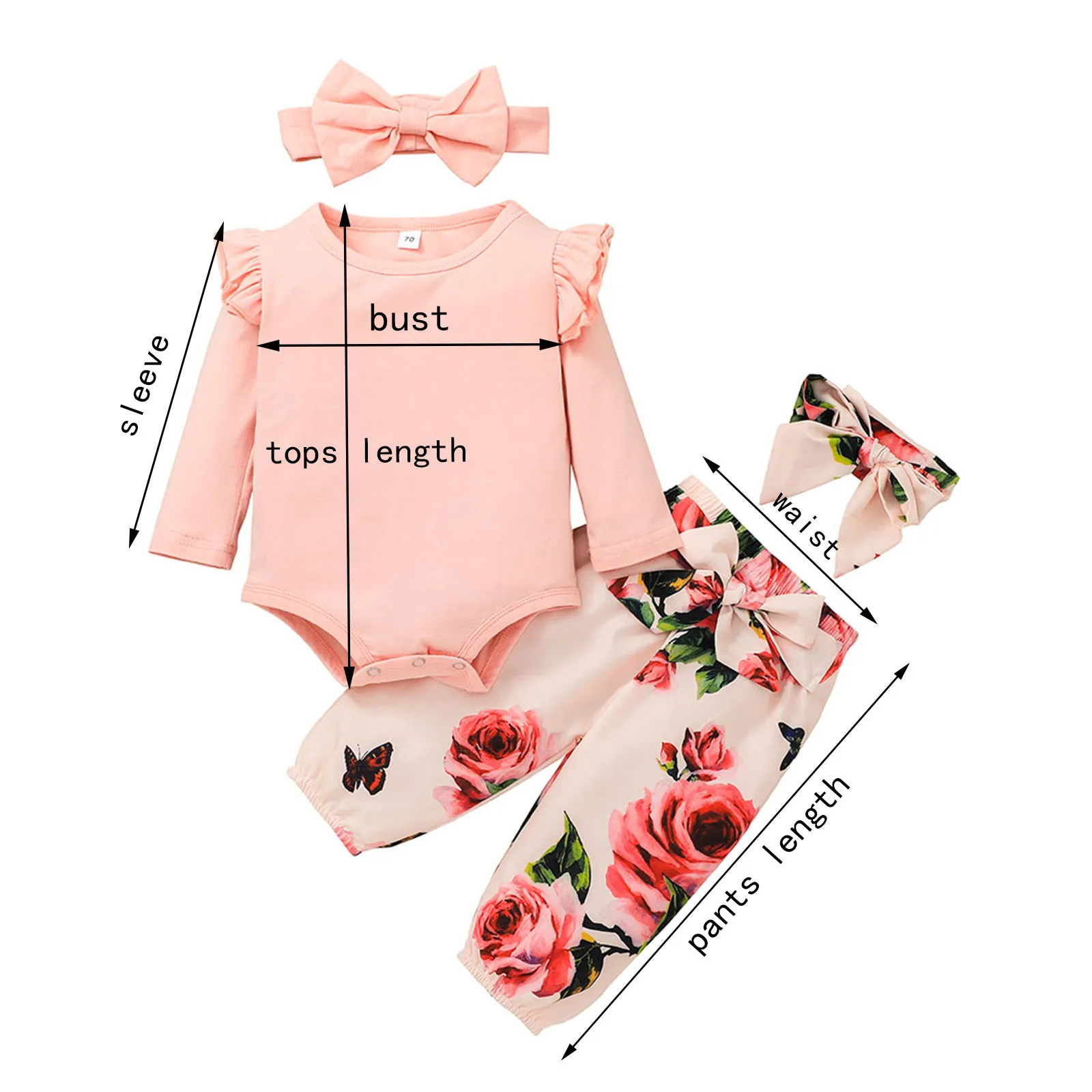 

3pcs Baby Girls Clothes Set Newborn Infant Baby Bow Tie Ruffles Long Sleeve Romper Bodysuit+flower Print Pants Headband Sets