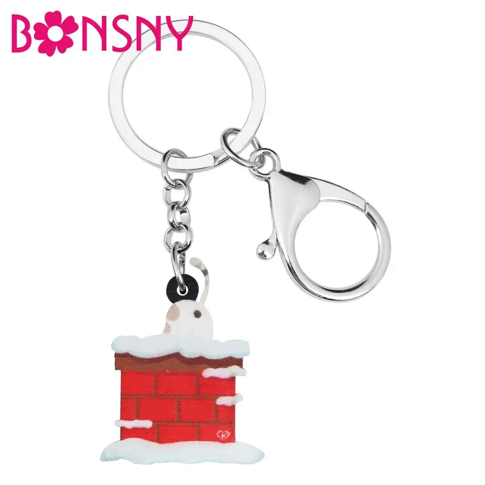 Bonsny акриловый Рождественский аниме кот дымоход брелок для ключей женщин девочек