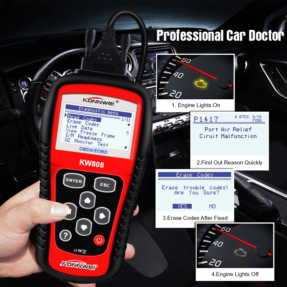 KONNWEI KW808 автоматический сканер Live Data Code Reader контроль двигателя автомобиля диагностический инструмент для CAN и всех современных OBD2 протоколов