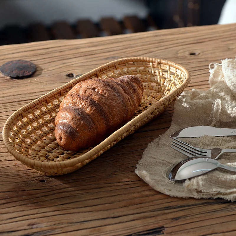 

Bread Basket Rattan Storage Tray Dinner Coffee Breakfast Serving Tray Oval Hand-Woven Tea Tray Home Decoration Crafts