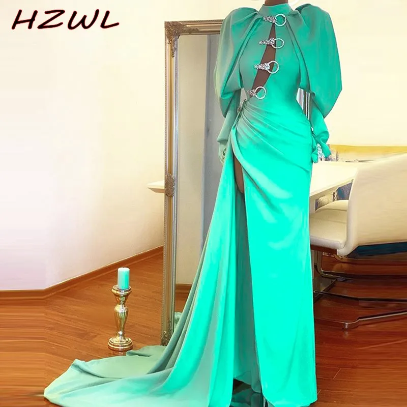 

Green High Neck abiti da cerimonia Full Sleeves Evening Dresses Sexy Beads Crystals Buttons High Side Split Prom Dress Pleats