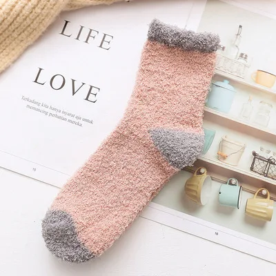 pink Однотонные мягкие женские пушистые носки коралловые бархатные зимние теплые домашние носки-тапочки для девочек махровые пушистые носки цветные носки в стиле пэчворк - Цвет: pink