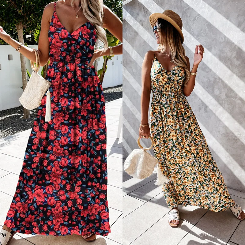 

ZOGAA Women's Sling Floral Long Dresses Summer Boho V-Neck Sleeveless Party Beach Floarl Print Maxi Dress Casual Sundress