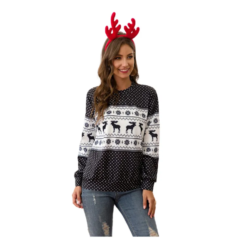

2020 Christmas T-Shirt Crew Neck Print Christmas Happy Elk Snowflake Long Sleeve T-Shirt Sweatshirt Hot Sale Women's Top Clothes
