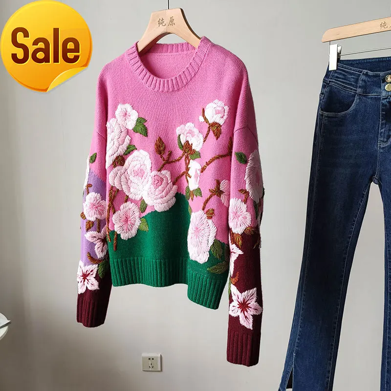 

Ootd European style street autumn sweater is made of heavy industry three-dimensional hand feel flowers, loose and lazy cashmere