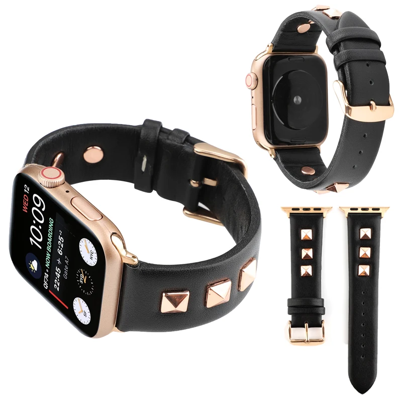 Ремешок из натуральной кожи для apple watch 40 мм 38 браслет с заклепками цвета розового