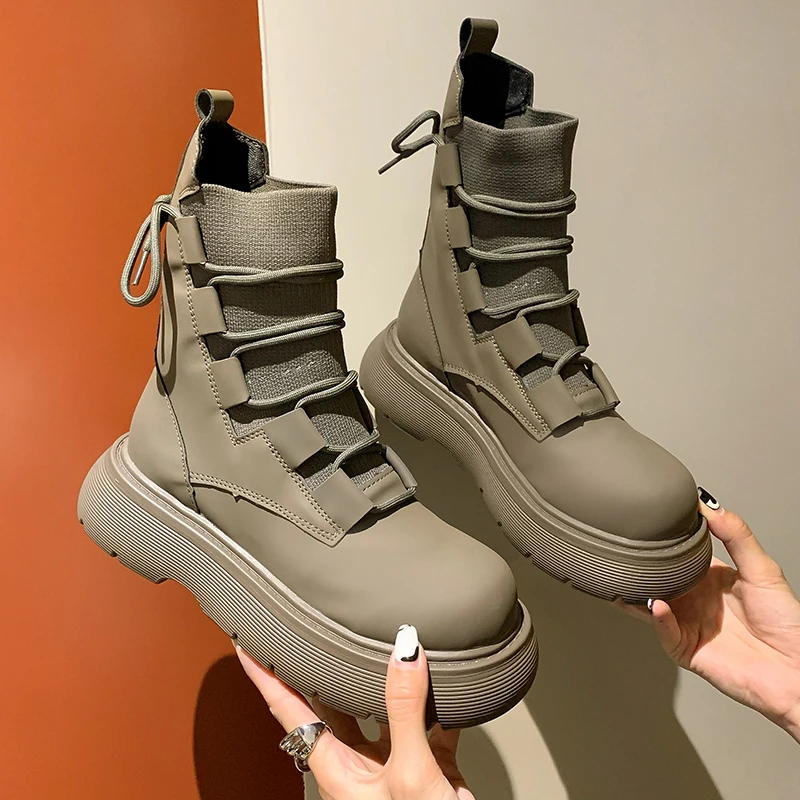 

Punk Goth Sock Boots Women 2021 New Retor Lace Up Black White Ankle Boots for Women Designer Ladies PU Leather Platform Boots