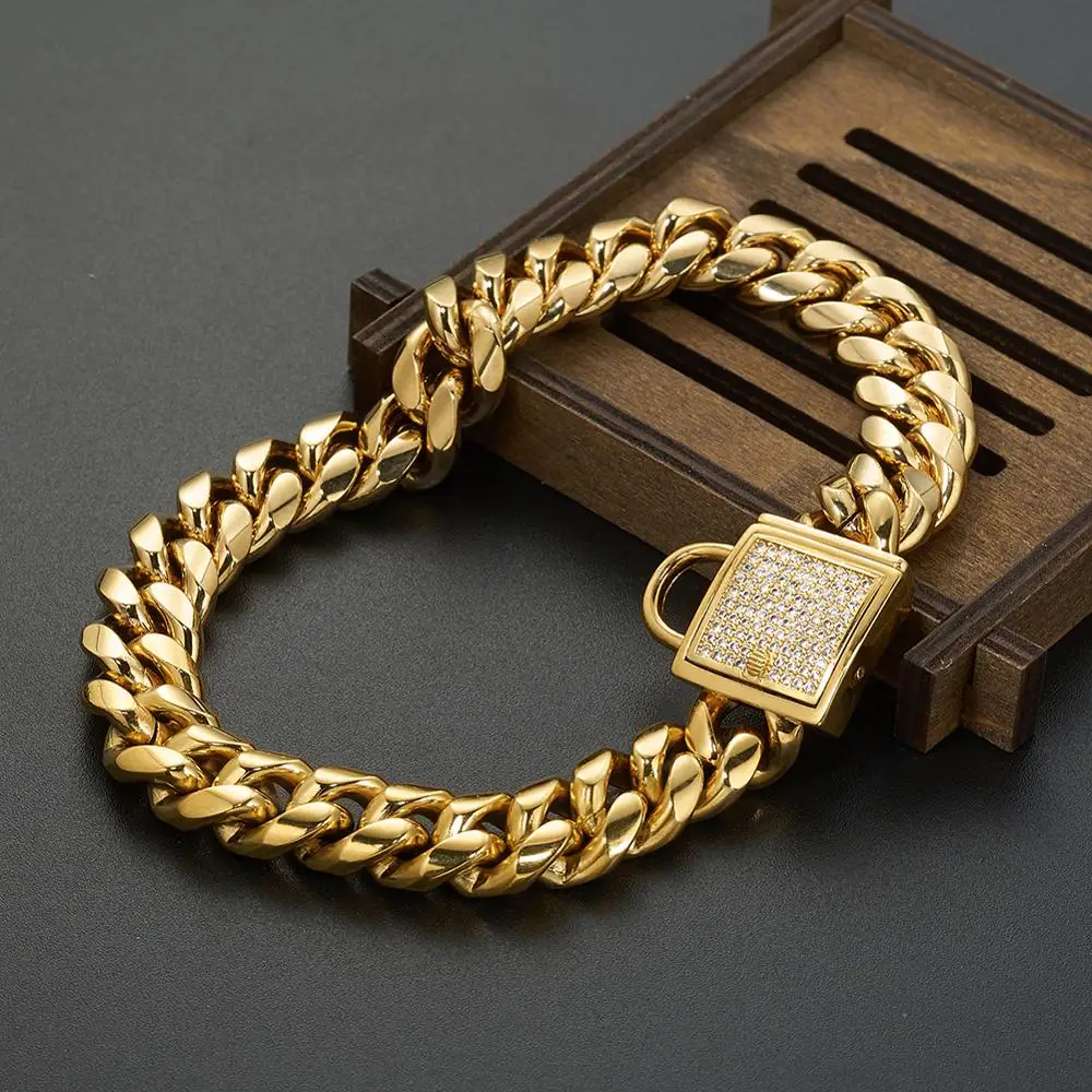 

14MM Fashion White Zircone Lock Buckle Curb Cuban Link 316L Stainless Steel Gold Dog Link Chain Pet Collar Choker Necklace12-34"