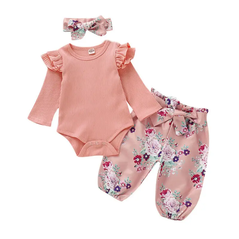 

Newborn Infant Baby Girl Print Headband Girls Clothes Knitted Tops Romper+Flower Pants Long Sleeve Ruffled Outfits Set Clothes