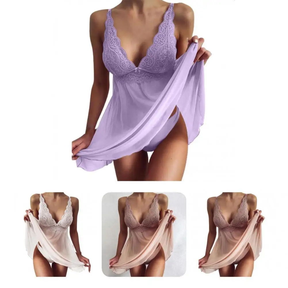 

2Pcs Soft Underpants Perspective Mesh Stitching Sexy Sleepwear Women Splicing Pajama Dress Panties Set for Gifts Pajamas