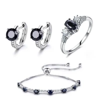luxury s925 sterling silver natural black sapphire ring earring bracelet jewelry set valentines day women wedding jewelry set