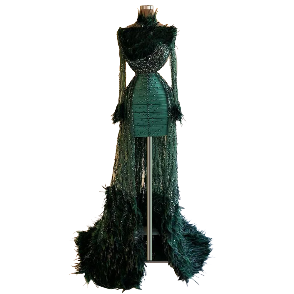 Женское платье-футляр с перьями, зеленое платье с длинным рукавом и трапециевидной юбкой, FOF31119
