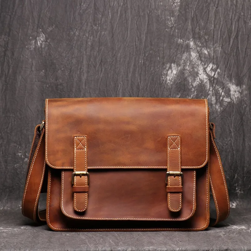 

New Shoulder Bag Leather Men'S Ipad Bag Wallet Card Package Computer Bag Crazy Horse Skin Suede Leather Handmade Slung Male Bags