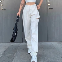 new womens straight high waisted thin asymmetrical hollow ripped jeans fashion street hipster cool girl casual pants trousers