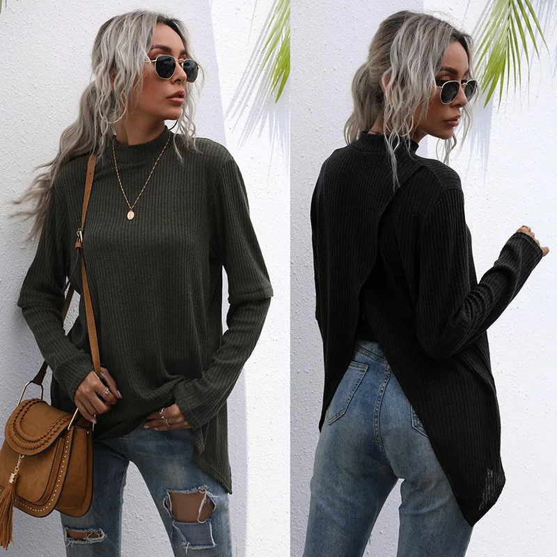 

Amazon Cross Border Fall / Winter 2020 New Mid Collar Solid Color Long Sleeve Mid Length T-shirt Women's Loose Black Base Shirt