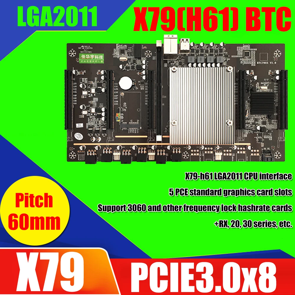 

X79 BTC 5x PCIe 3.0 8X DDR3 2011 Pin 60mm Mining Machine Motherboard Kit Support Muti-graphics Card Like 3060 Graphics Card