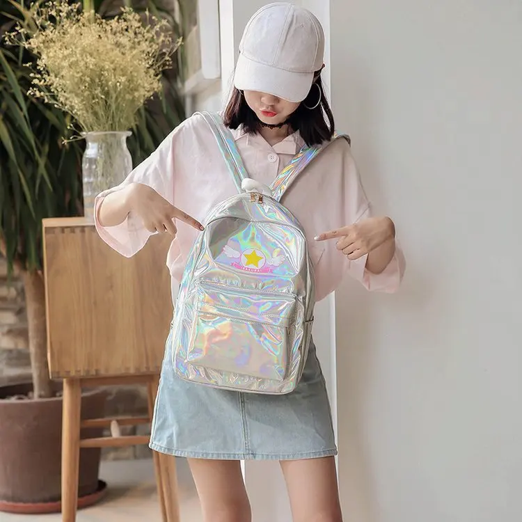 Аниме Cardcaptor Сакура лазер глянцевый дизайн рюкзак розовый серебряный цвет PU