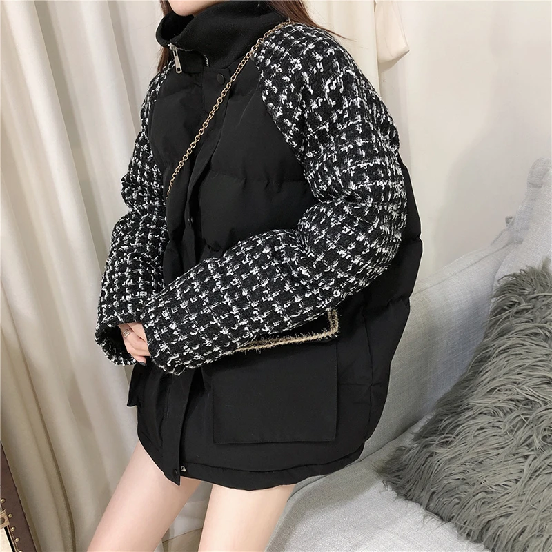 CHICEVER лоскутное клетчатое популярное цветное хлопковое пальто для женщин стоячий