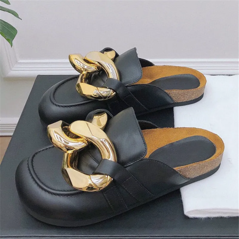 

Hjwsfdcai Brand Design Women Slipper Fashion Big Gold Chain Sandals Shoes Round Toe Slip On Mules Casual Slides Platform Loafers