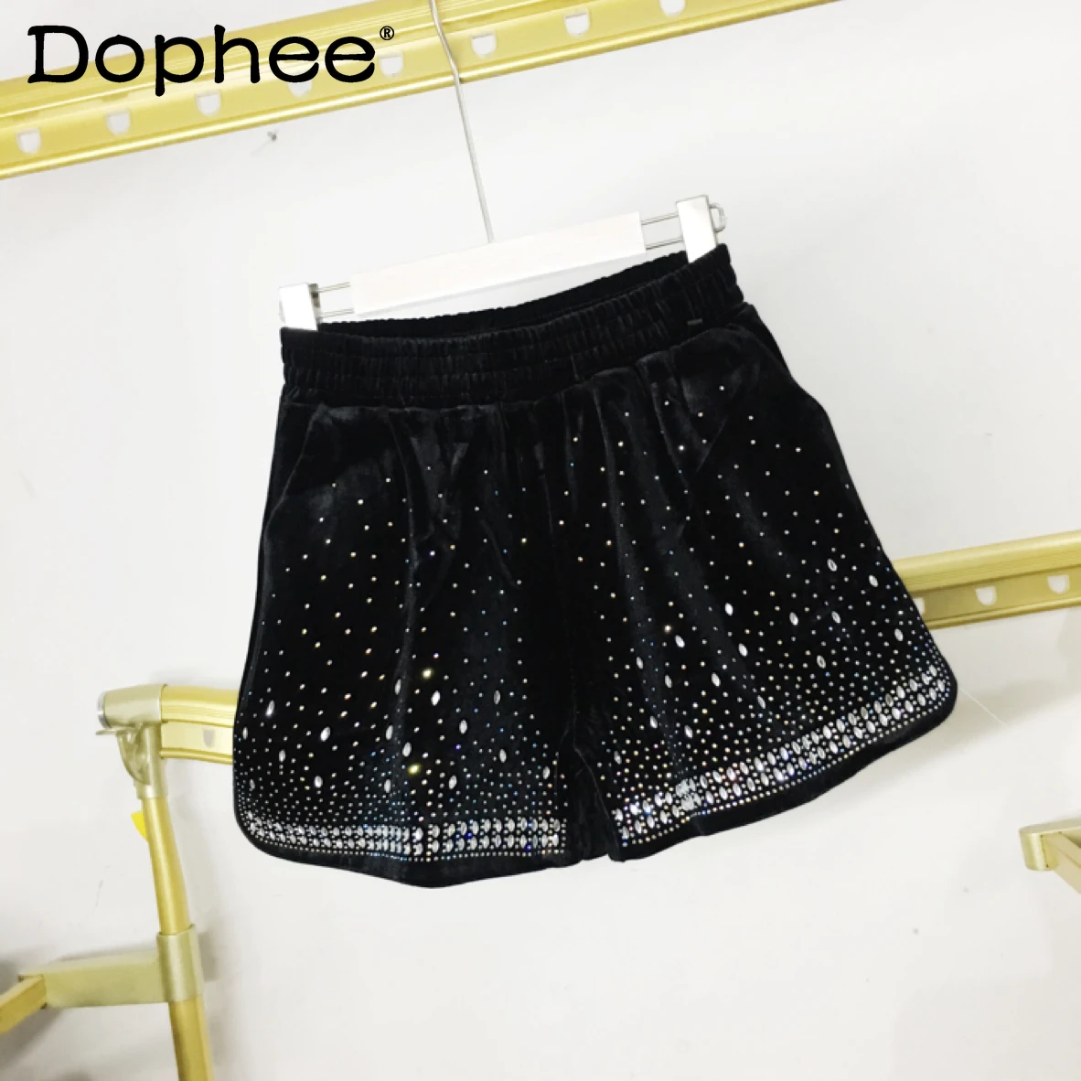 

Black Rhinestone Beaded Golden Velvet Shorts Women Autumn Winter New Elastic Waist A- Line Outdoor Wide Leg Shorts Booty Shorts