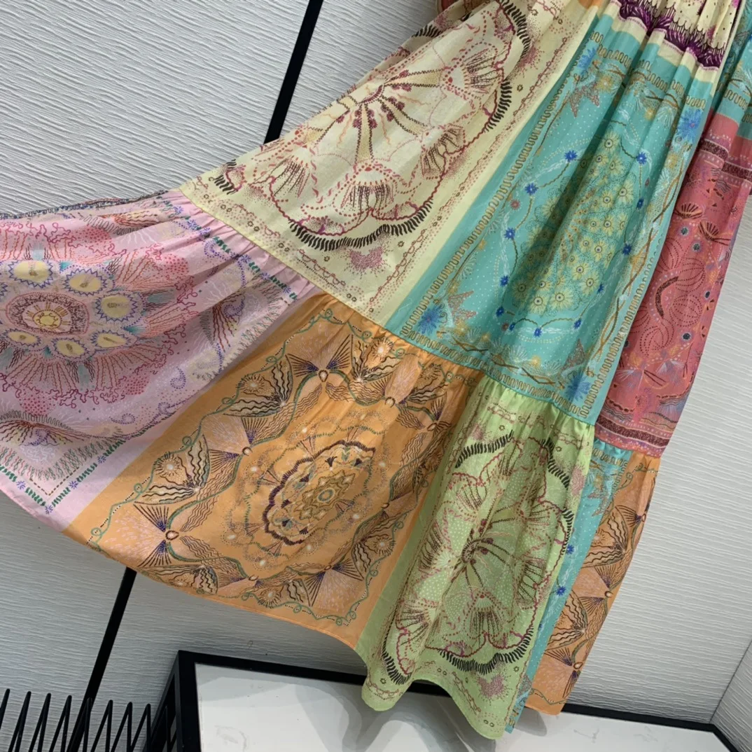 

2021 Early spring women's new national holiday style color printed lotus leaf sleeve long dress