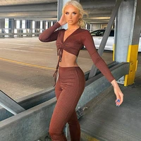 2021 sexy 2 pieces set long sleeve crop tops women ribbed sexy party knitwear t shirt bodycon club tie front top tees trousers