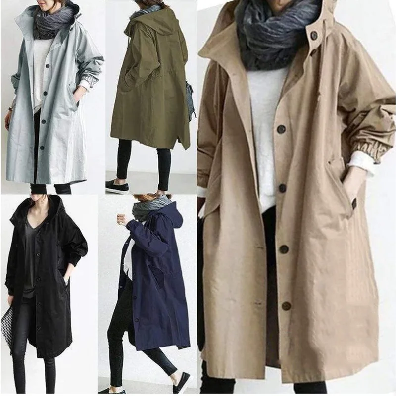 

Women Coat 2021 Autumn Solid Color Pocket Hooded Windbreaker Long Trench Coat Office Lady Casual Fashion Outerwear Cloak Female