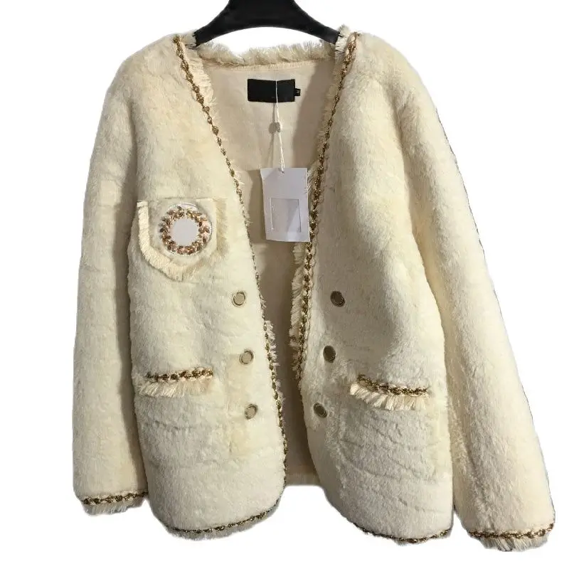 

FAKUNTN 2021 Design Women's new fur coat fashion double breasted nail bead bright silk bonded V-neck fur one-piece fur coat