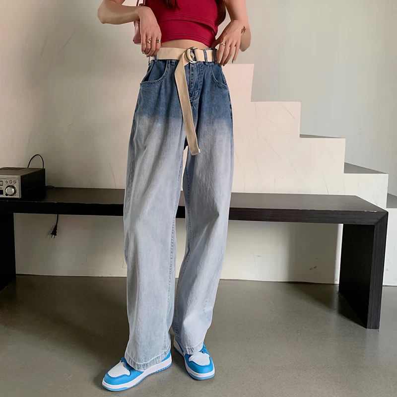 

2021 Summer korean style women denim Pants Gradient Thin high Elastic waist jeans women straight long pant with belt (78683)