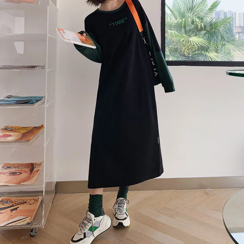 

Plus Size Woman Sweatshirt Dress Autumn 2020 Fashion Korean Patchwork Long Sleeve Loose Casual Maxi Dresses femme robe