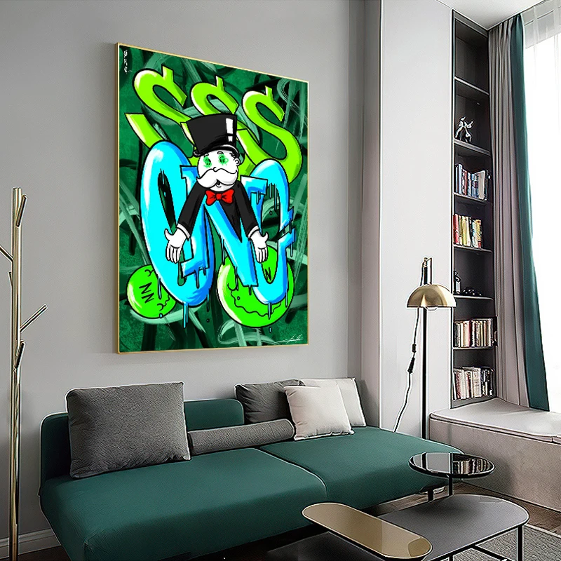 Картина на холсте "Alec Monopoly Man Cartoon" с граффити и стрит-артом, постеры и печати в современном стиле для домашнего декора гостиной.