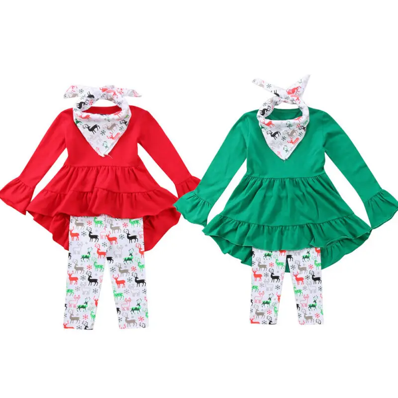 

Toddler Girl Clothes 3PCS 2019 Kids Girls Outfit Clothes Flare Long Sleeve Shirt Tops+Deer print Long Pants Legging+Bib