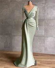 Светильник-зеленое платье с юбкой-годе для выпускного вечера, кружевное вечернее платье с аппликацией и V-образным вырезом и длинными рукавами, вечернее платье до пола по индивидуальному заказу