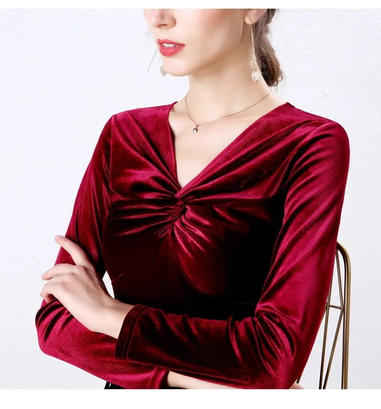 Burgundy Сексуальные бархатные женские футболки с v-образным вырезом крест-накрест Femme Клубные вечерние футболки со складками Топы женские тонкие зимние Футболки с длинным рукавом Новые футболки - Цвет: Burgundy